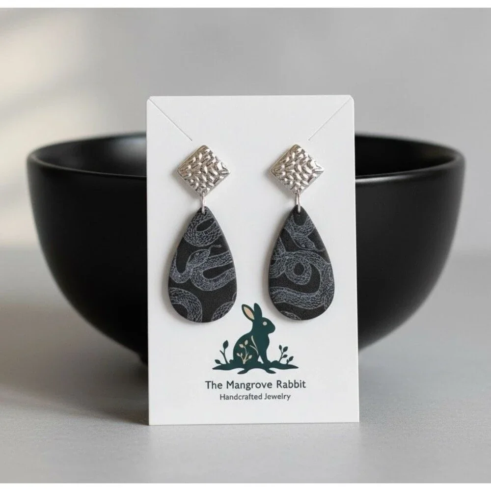 Polymer Clay Lg Dangle Earrings Black Silver Snake Animal Print Handmade SS Post